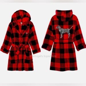 PINK Victoria’s Secret House Coat plush robe Buffalo plaid sequin dog front back